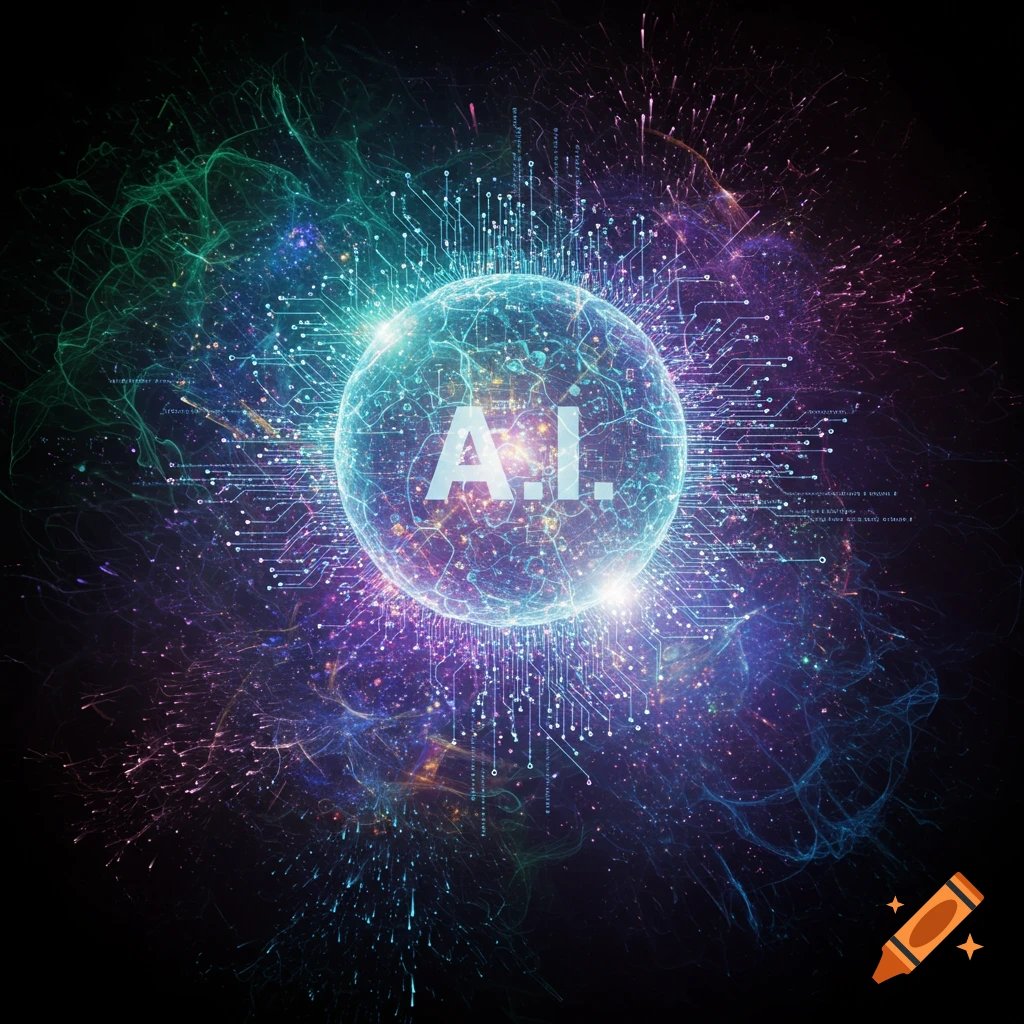 Digital art of a glowing sphere representing AI with circuits and light trails