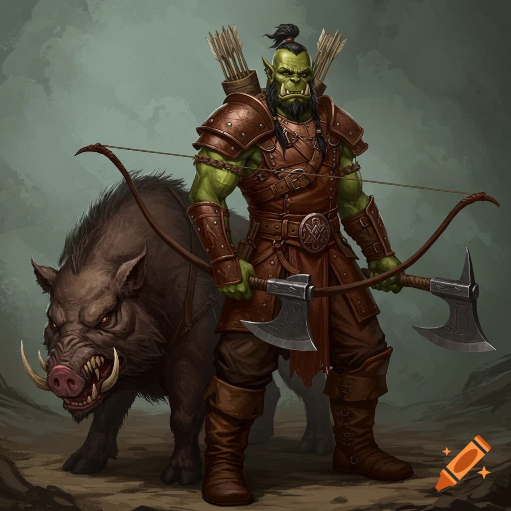 An orc hunter in leather armor stands with a fierce boar companion.