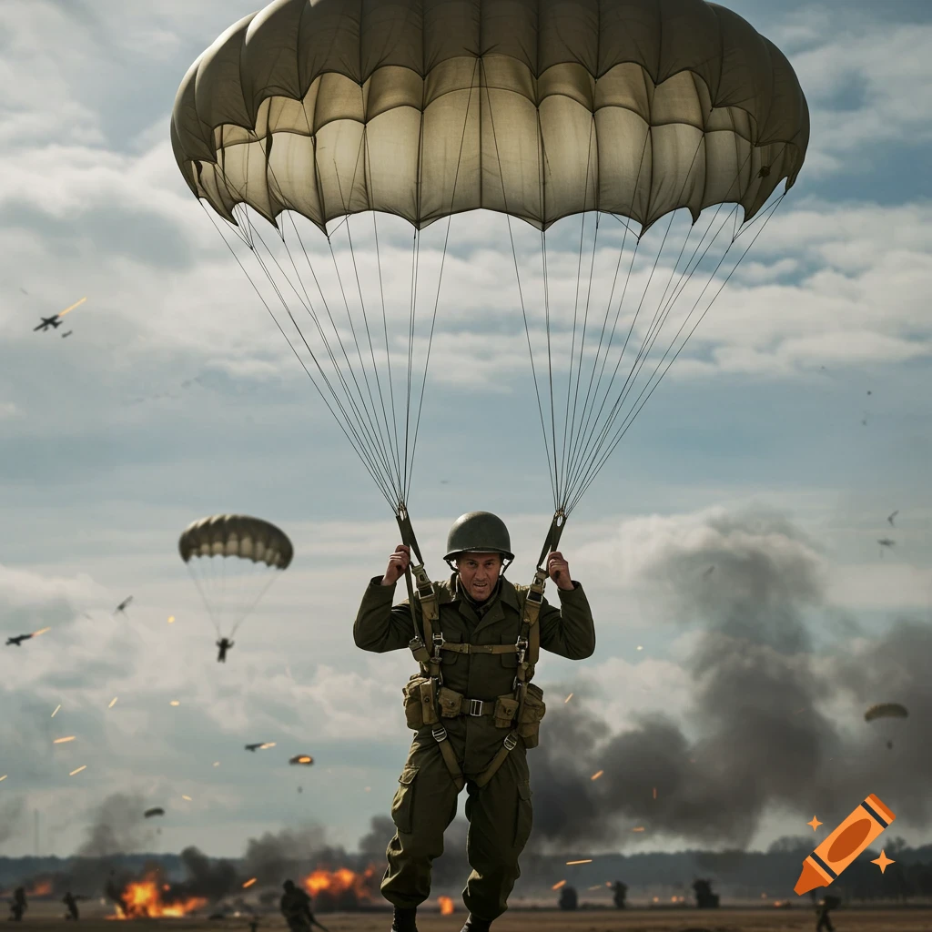 A World War 2 soldier parachutes onto a battlefield with explosions and smoke