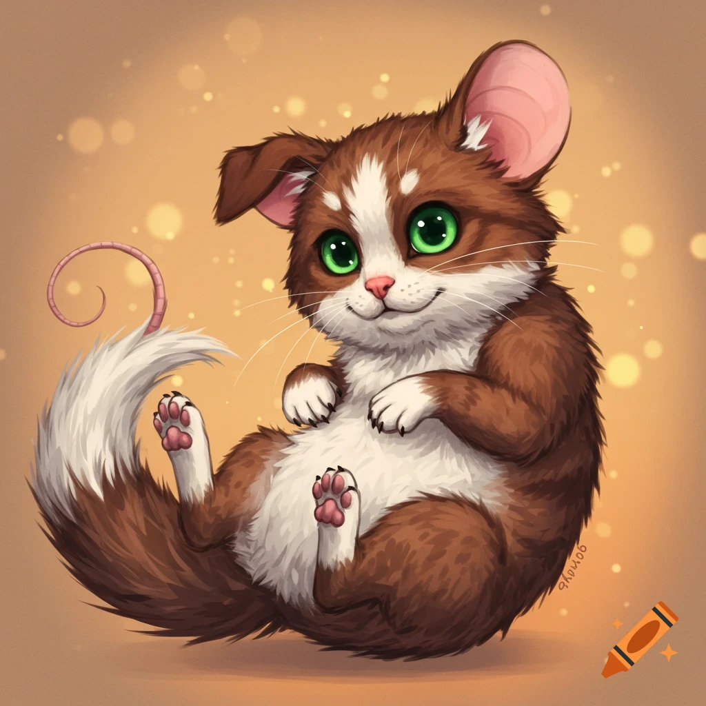 A cute cartoon hybrid animal with large green eyes and big ears sits on the ground.
