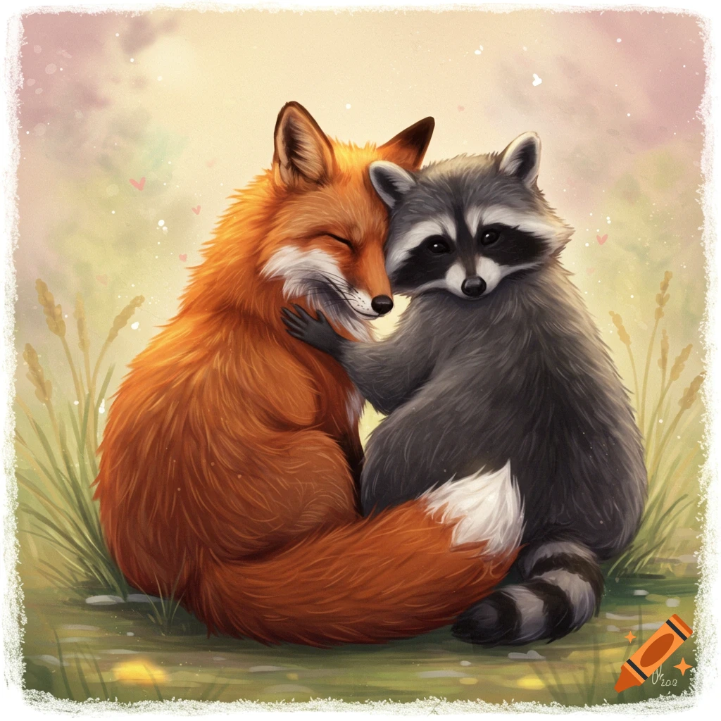 A red fox and a gray raccoon are hugging in a field.