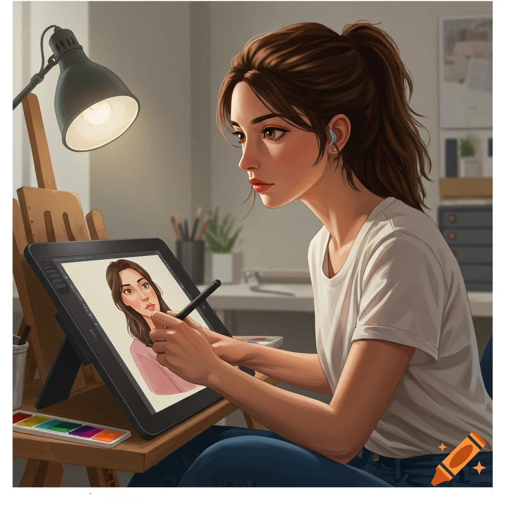 A woman is drawing a self-portrait on a tablet