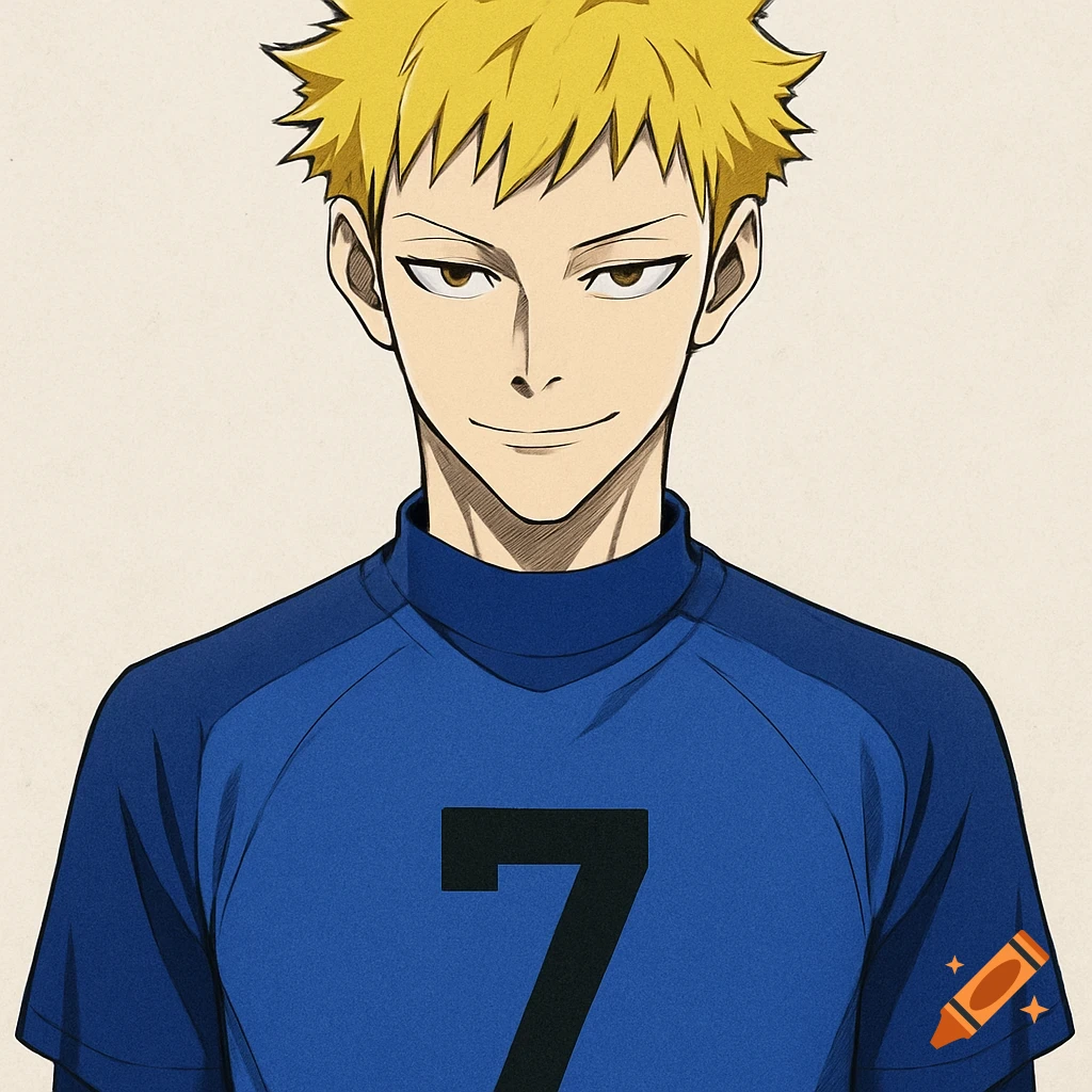 Anime style portrait of a man with short yellow hair wearing a blue sports jersey with a number 7
