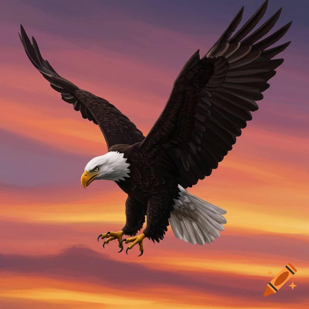 A bald eagle flies with outstretched wings against a colorful sunset sky.