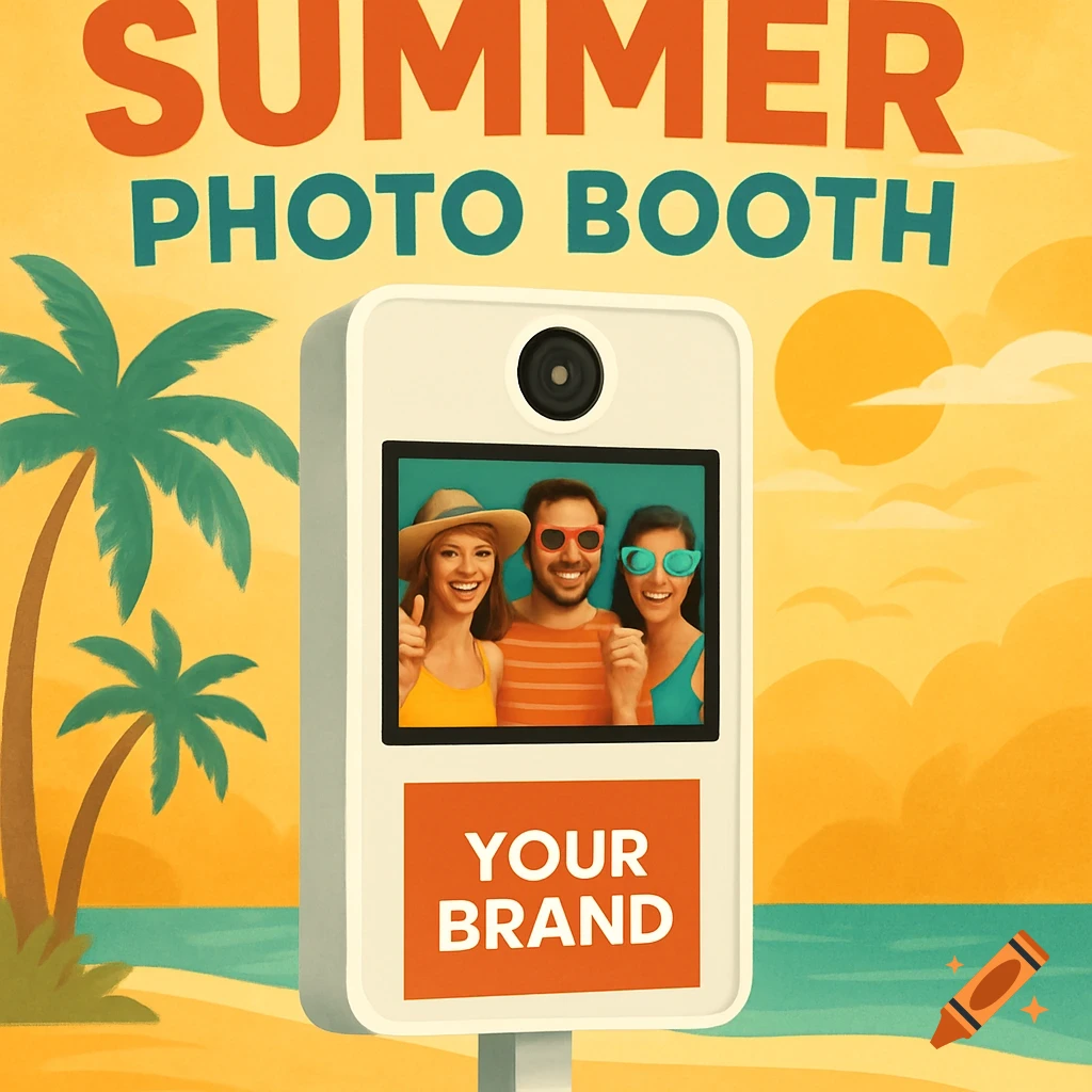 A summer beach scene with a photobooth showing people. Text reads SUMMER PHOTO BOOTH YOUR BRAND.