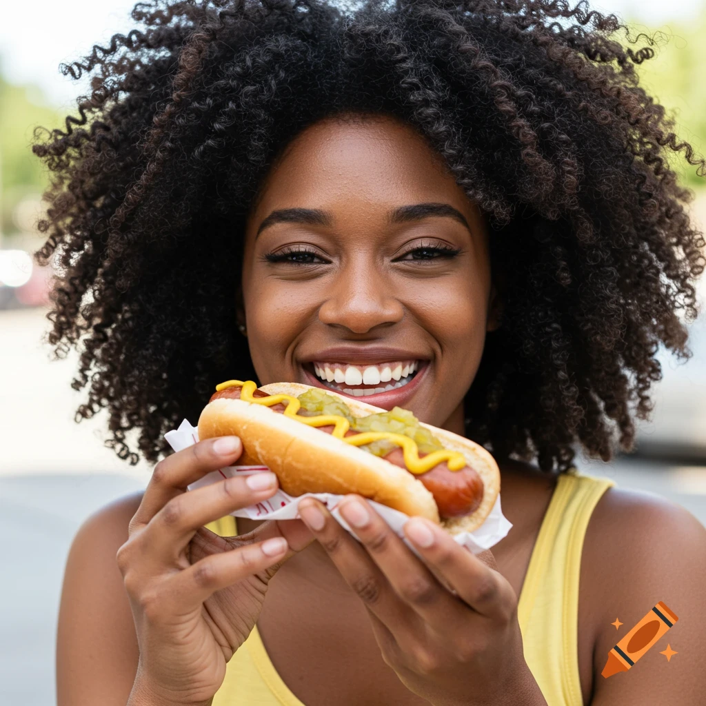 A smiling woman with afro hair holds a hotdog with mustard and relish.
