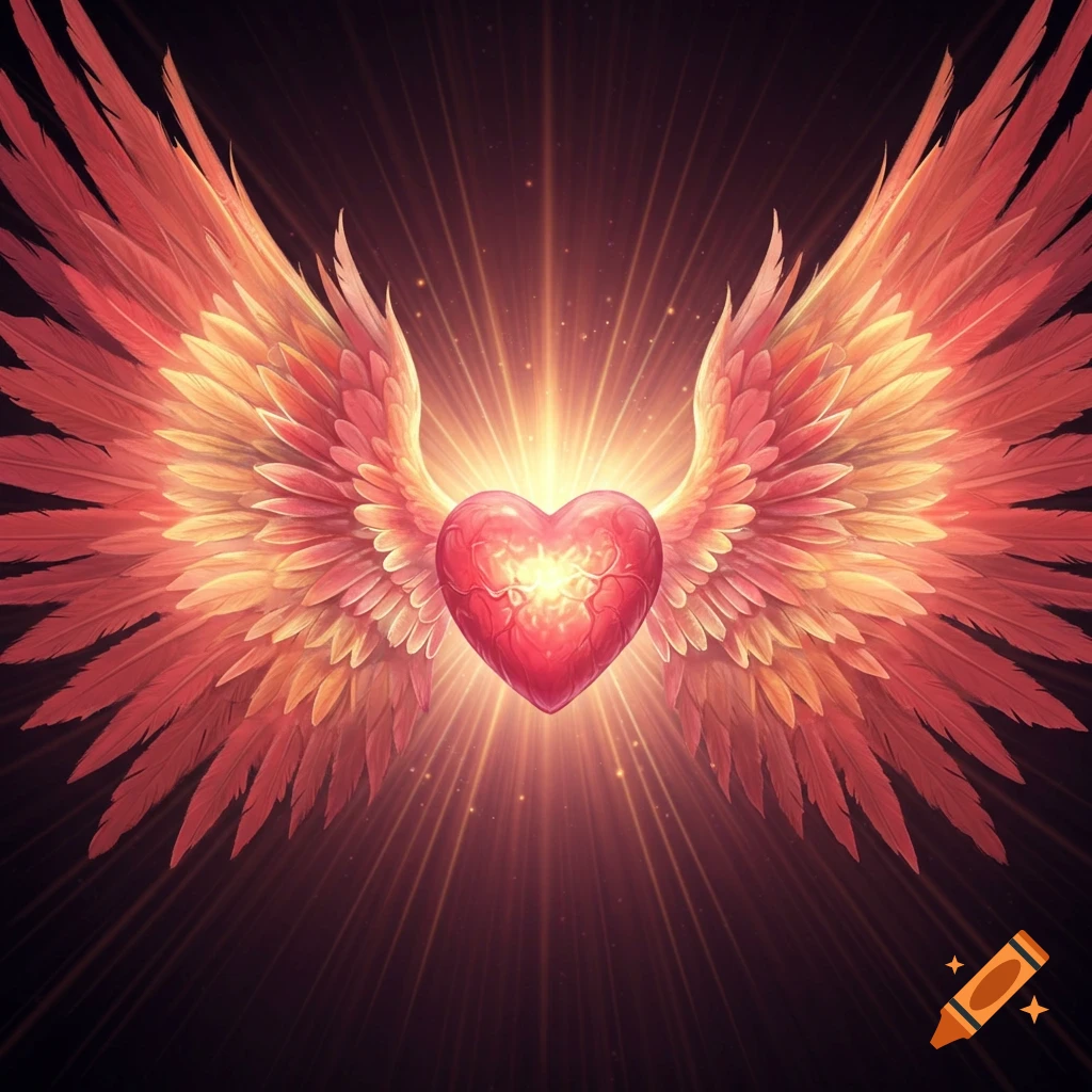 A glowing red heart with large feathered wings spreading out against a dark background.