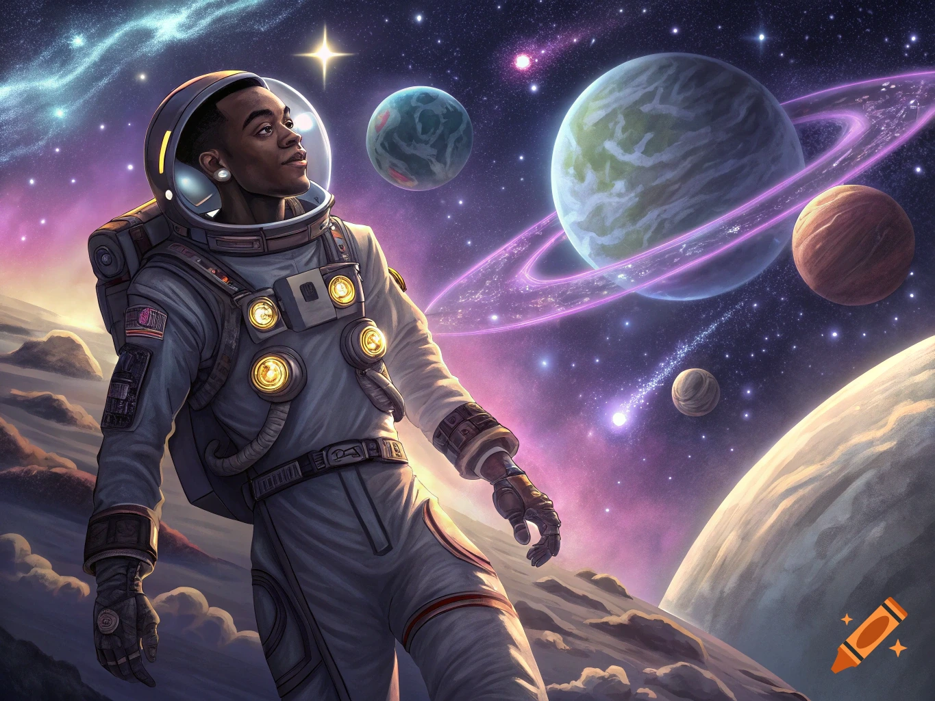 An astronaut looks up at planets and a nebula in space. Illustration style.