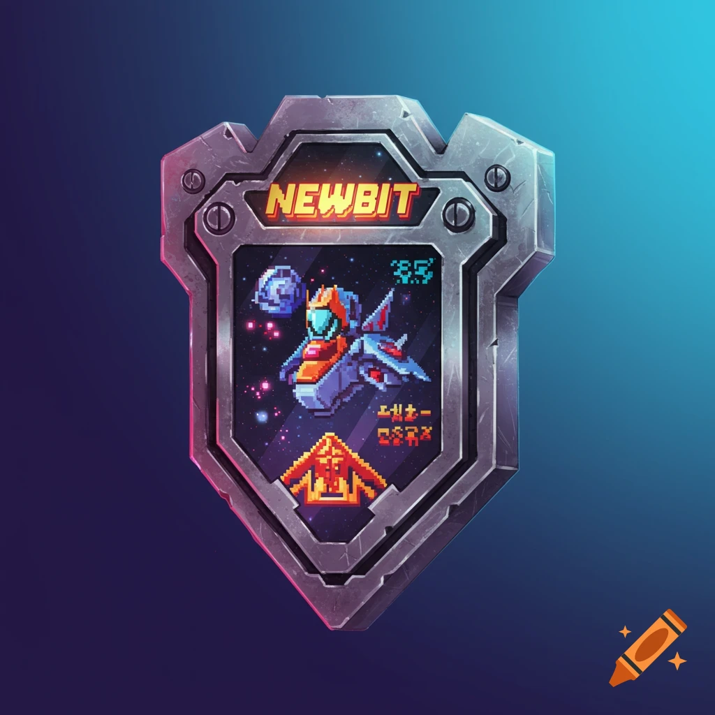 A pixel art spaceship within a metal shield against a starry background, text reads NEWBIT.