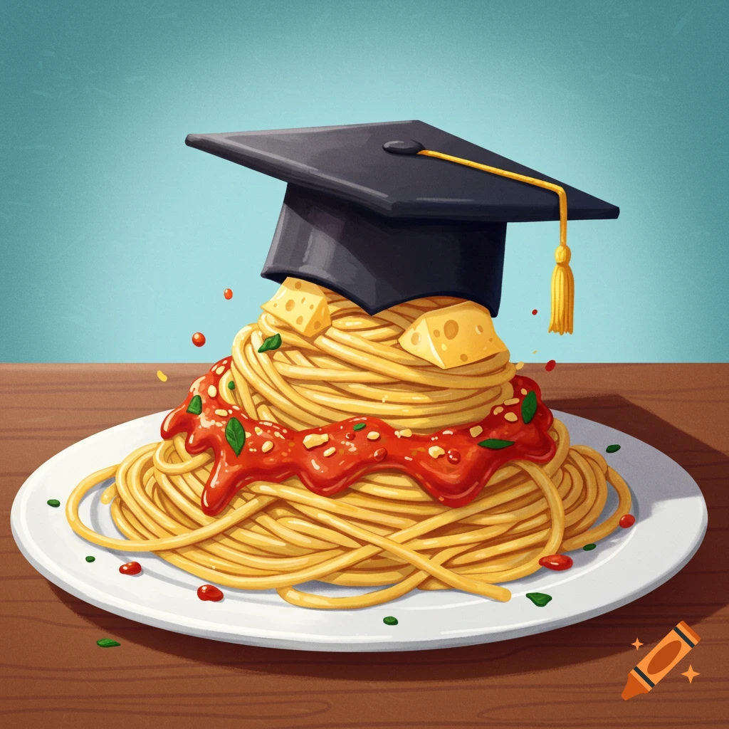 A plate of spaghetti with a graduation cap