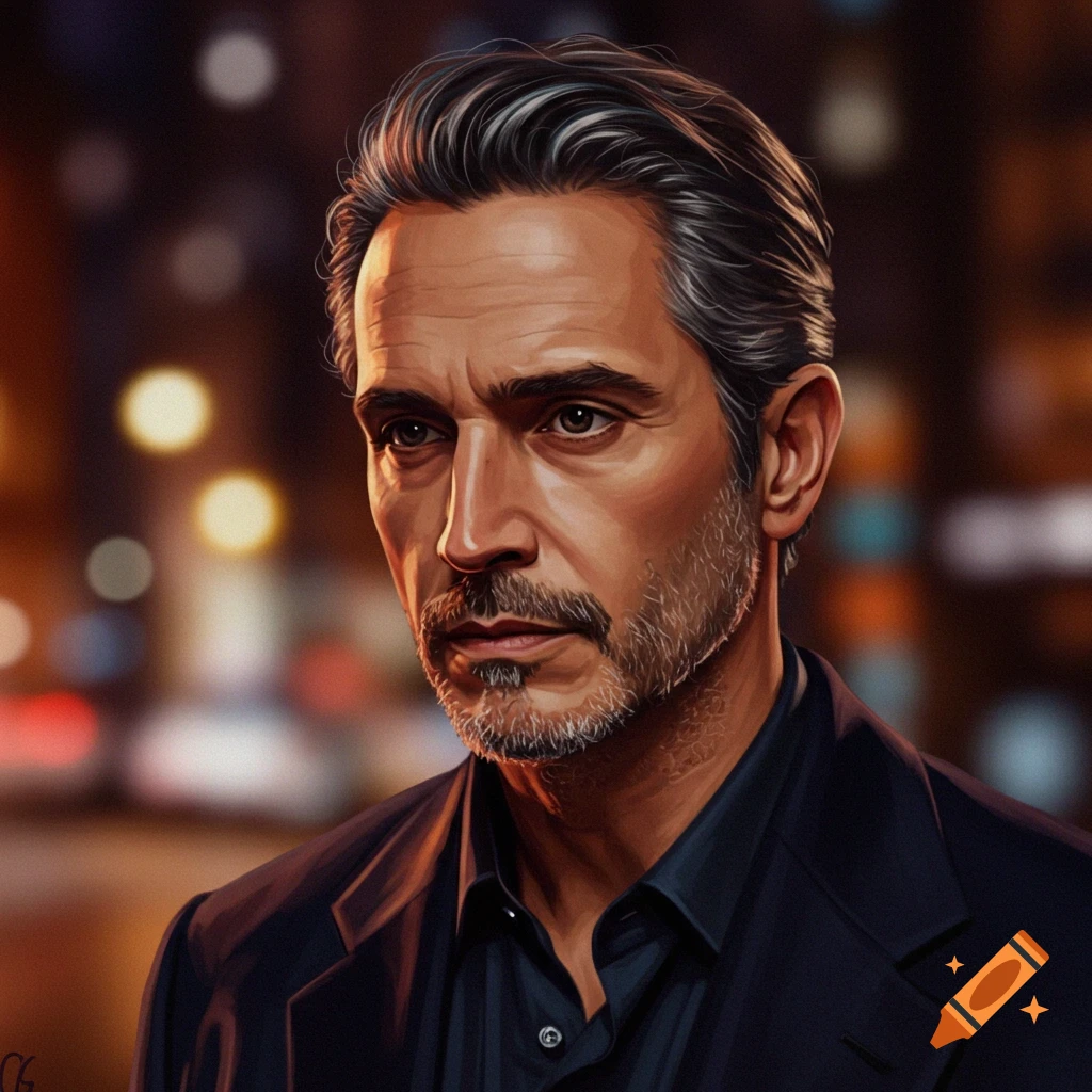 A man with graying hair and beard, looking left, with blurred city lights behind him.