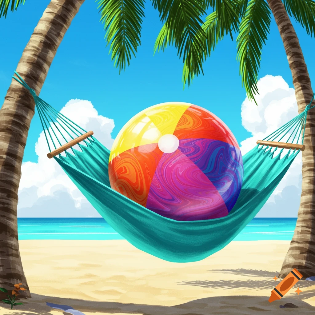 A colorful beach ball rests in a hammock strung between two palm trees on a sandy beach.