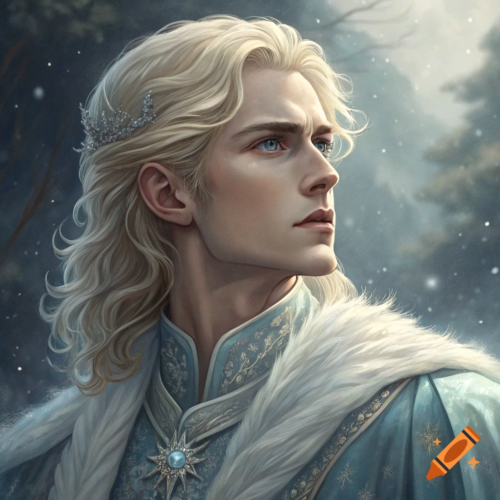 Portrait of a fantasy prince with blonde hair and blue eyes in a snowy forest