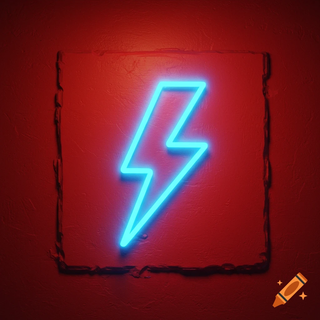 A blue neon lightning bolt inside a red square outline on a red textured background.