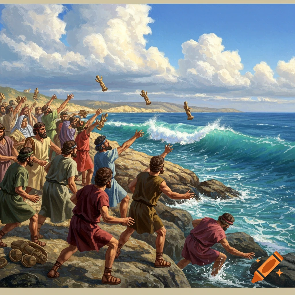 ancient people on a rocky shore throwing idols into the ocean