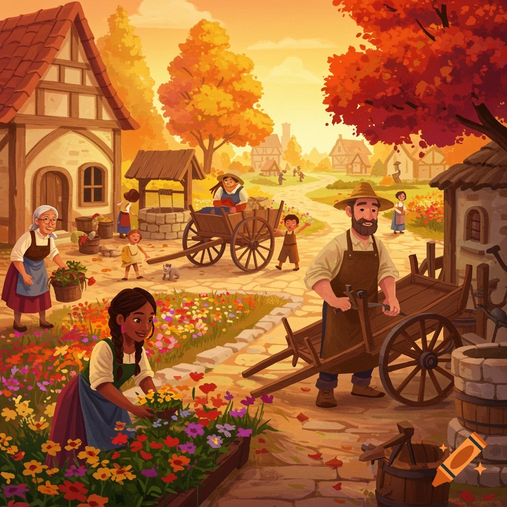 A whimsical image of a lively village scene in autumn with people gardening and repairing a cart.
