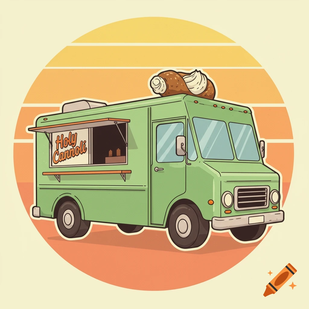 Illustration of a green food truck with 'Holy Cannoli' text and a cannoli on top, against a striped sky.