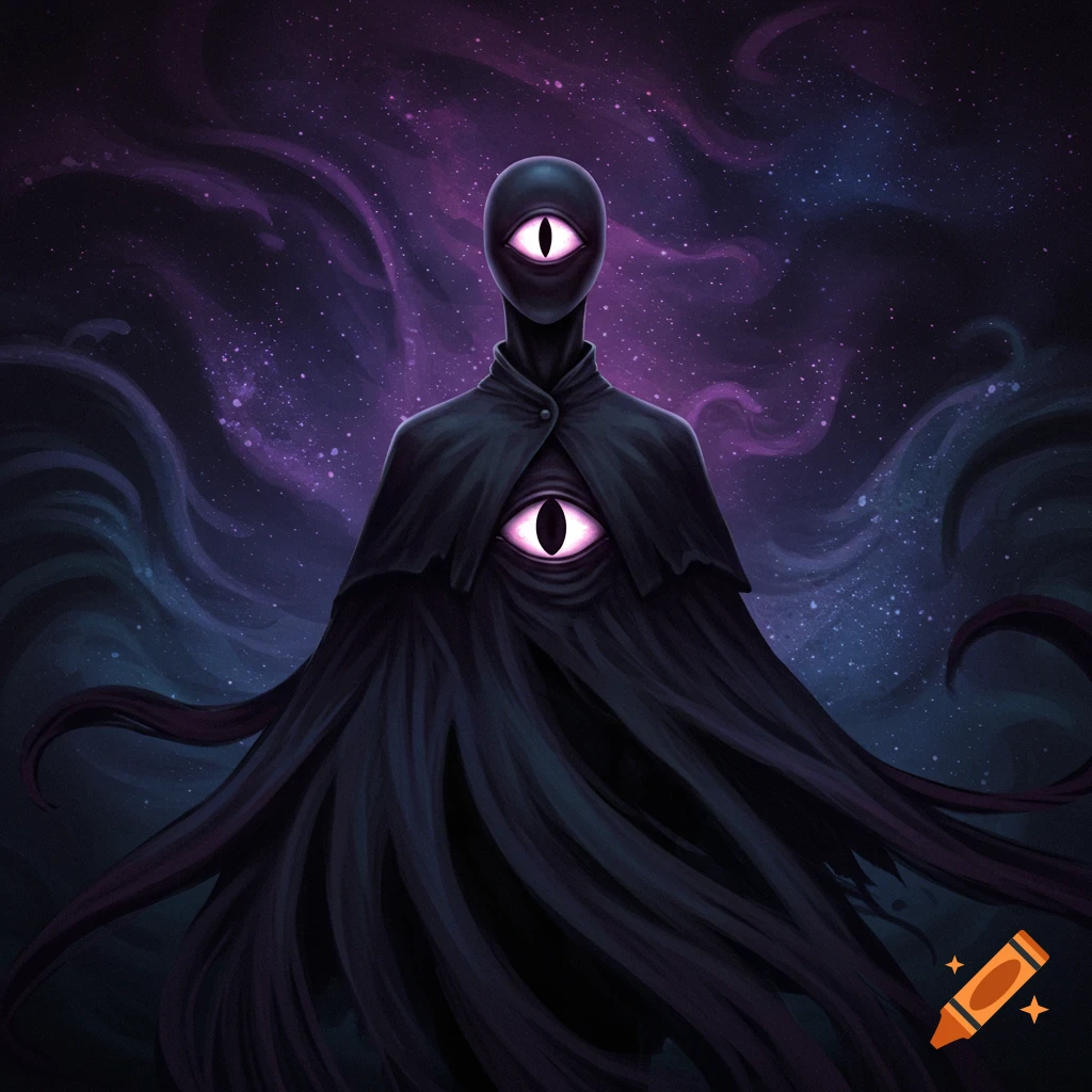 A dark cloaked figure with glowing eyes on its head and chest stands before a starry cosmic nebula background.