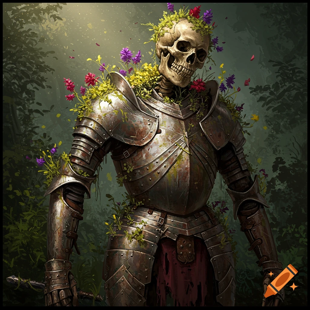 A skeleton in rusty metal armor overgrown with colorful flowers and vines standing in a forest.
