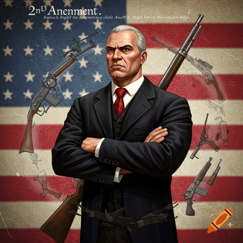 A serious man in a suit stands in front of an American flag, surrounded by firearms and crossbows.