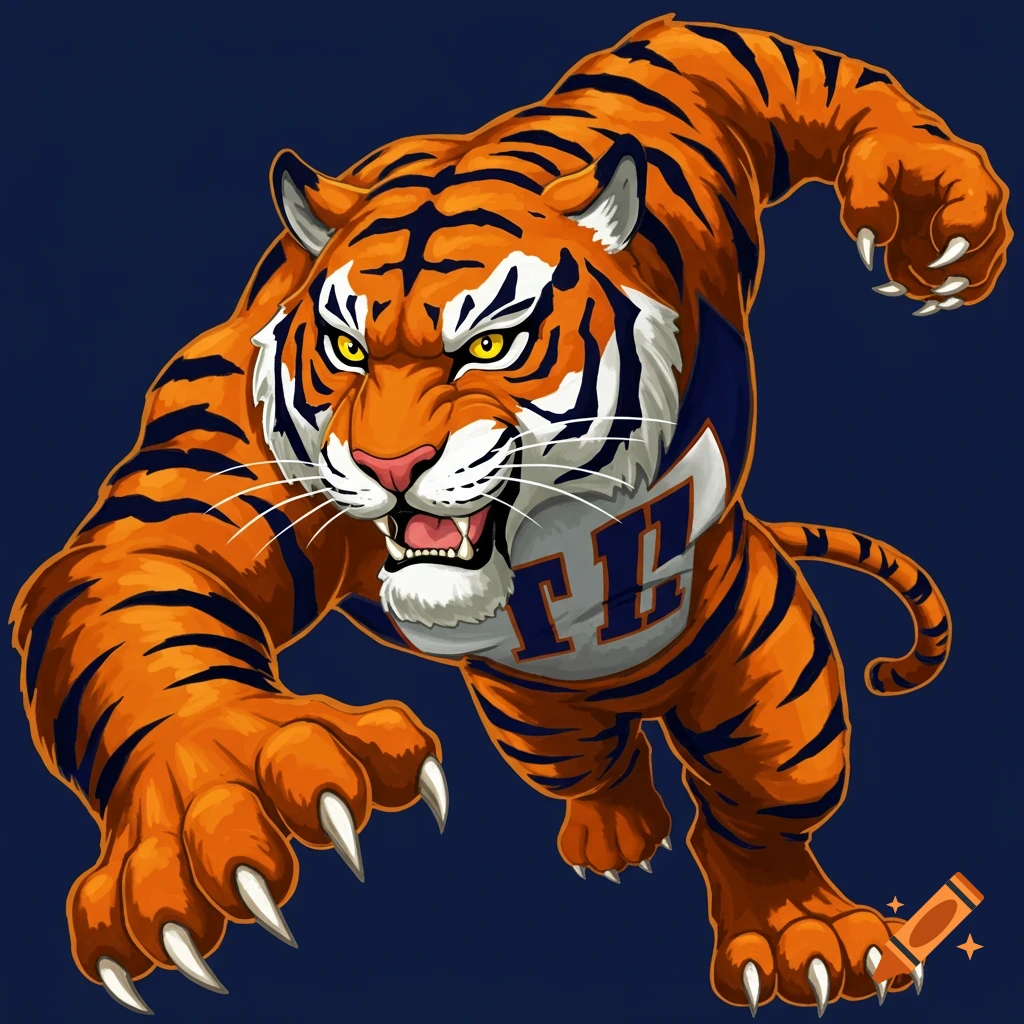 A roaring tiger mascot in a dynamic pose with claws extended.