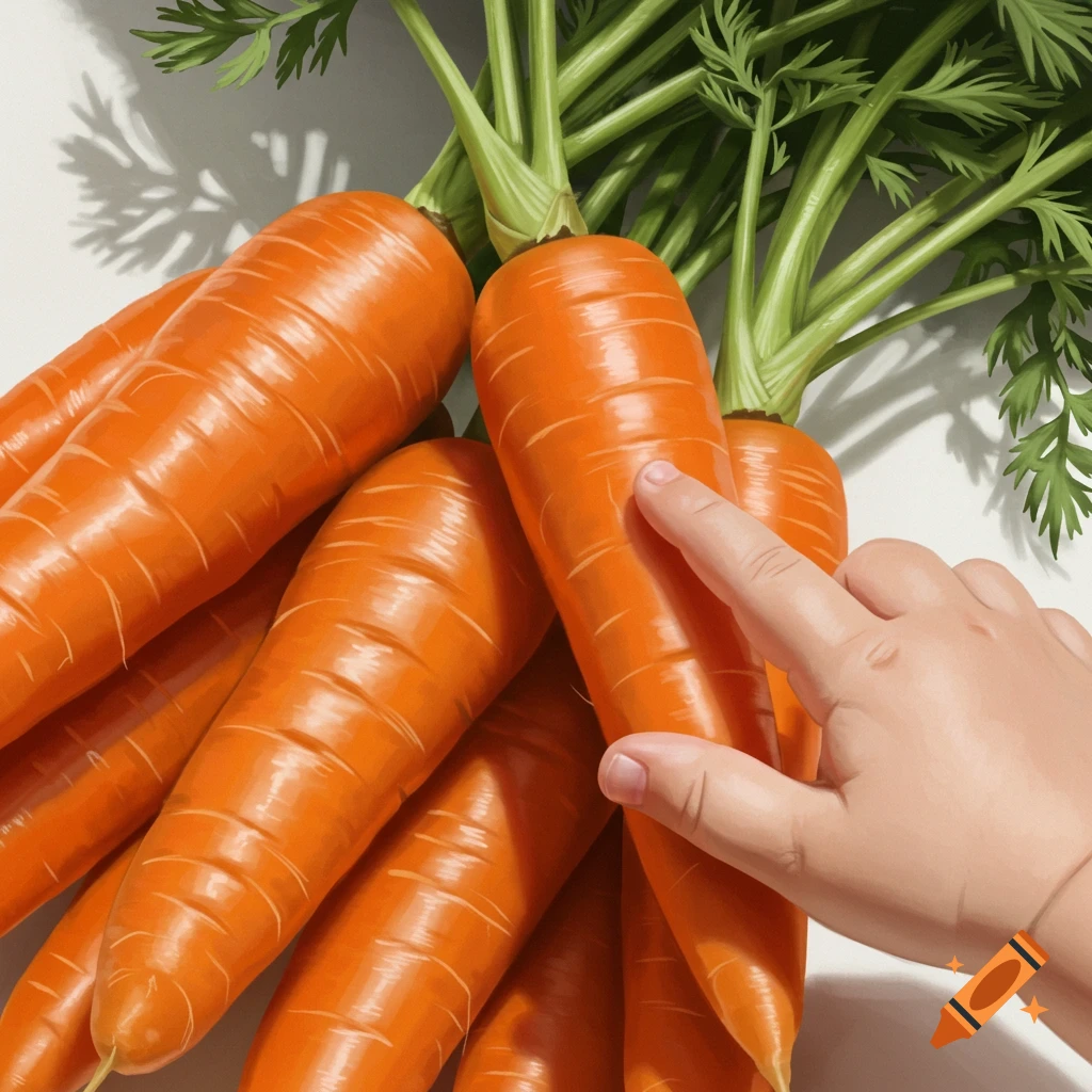 A child's hand touching a pile of carrots.