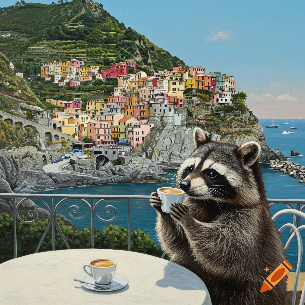A raccoon sips coffee at a table overlooking the colorful buildings of Cinque Terre, Italy. Painting style.