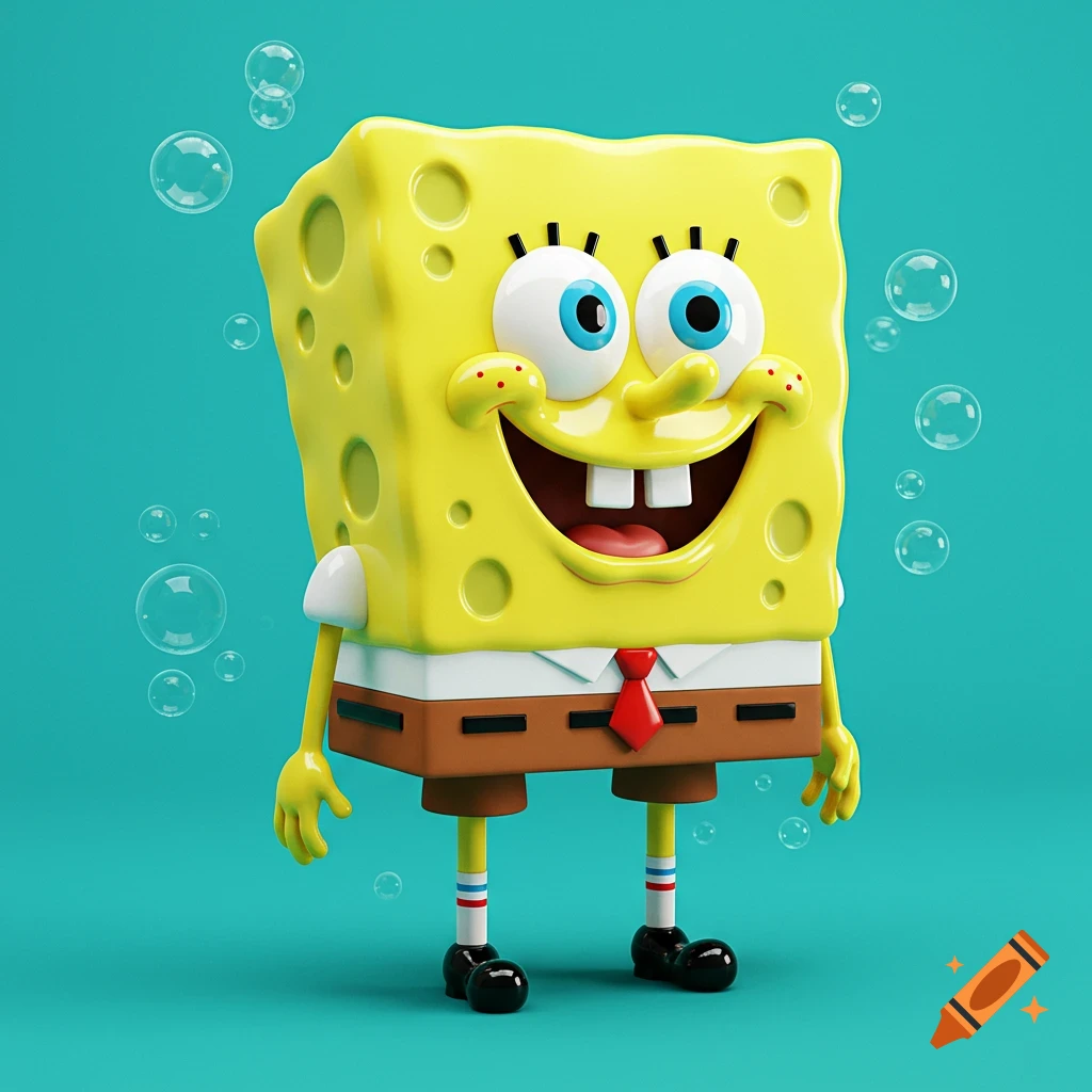 A 3D render of Spongebob Squarepants smiling with bubbles floating around him.