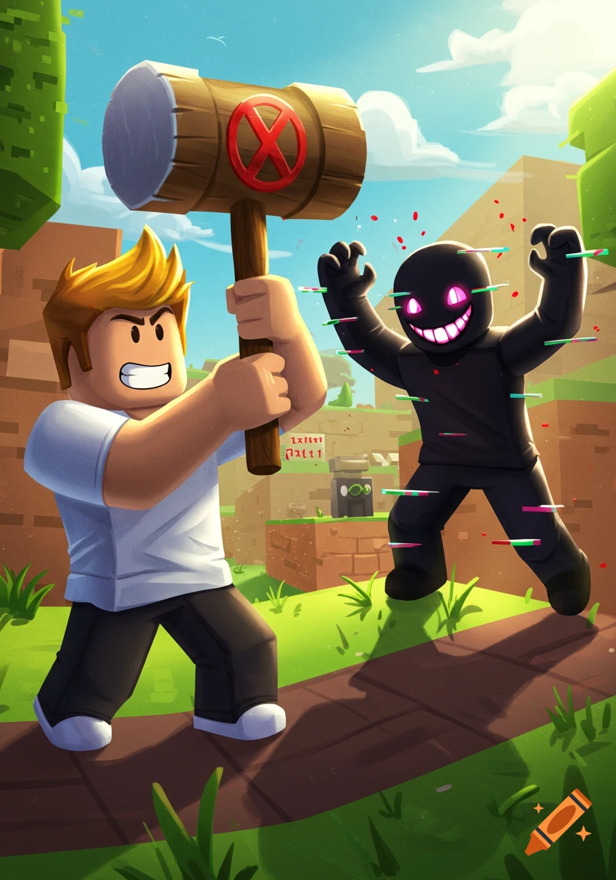 A Roblox-style character holds a large ban hammer against a glitchy black figure in a blocky landscape.