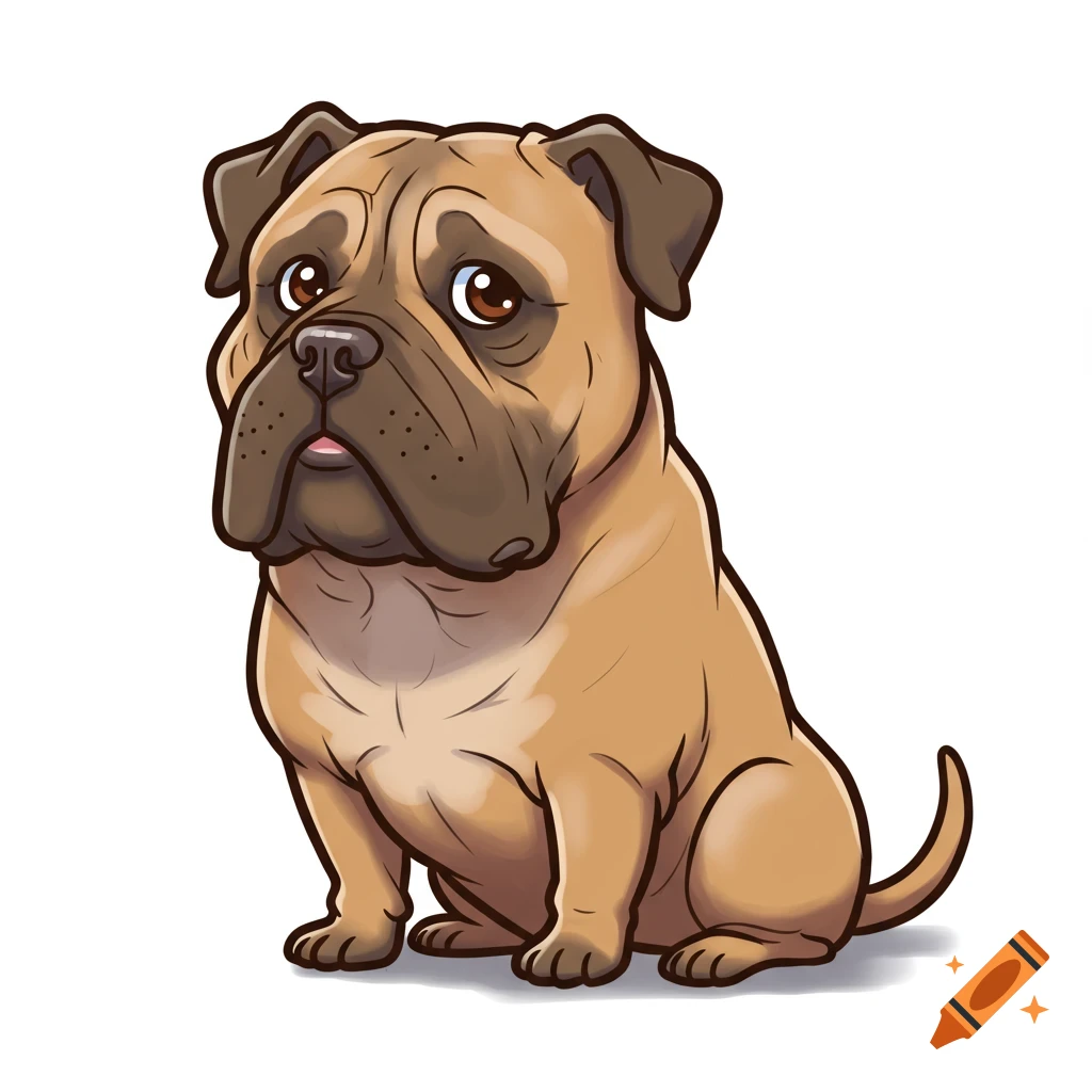 A cartoon drawing of a tan Bull mastiff dog sitting.