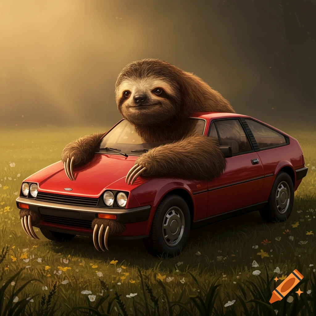 A sloth sitting on a red car in a field at sunset