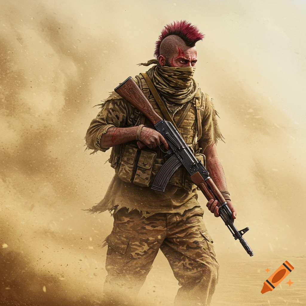 A soldier or insurgent with a red mohawk, scarf mask, and rifle standing in a sandstorm.