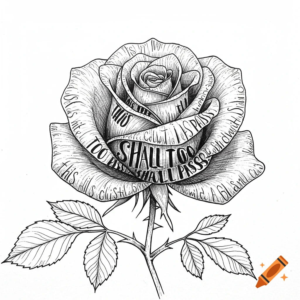 Black and white line drawing of a rose formed by the text 'this too shall pass'.