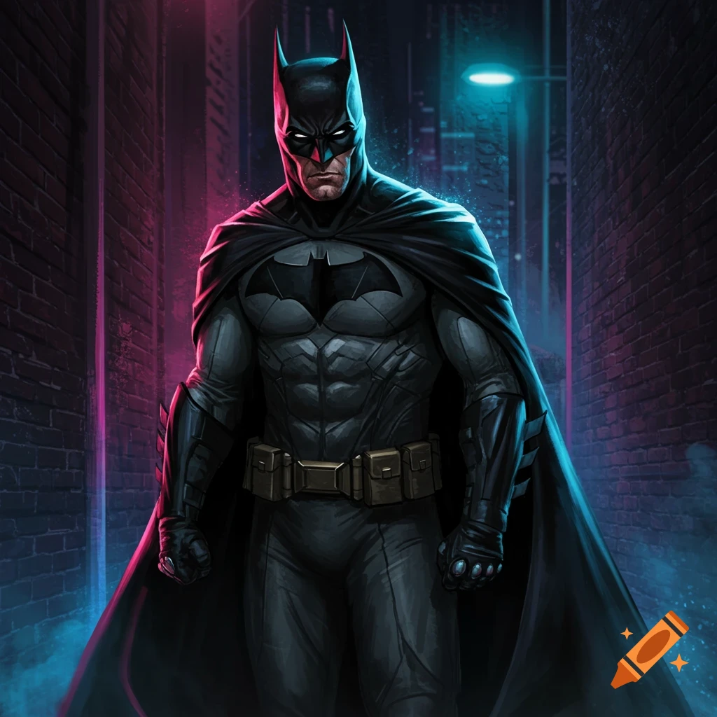 Comic character Batman standing in a dark alley
