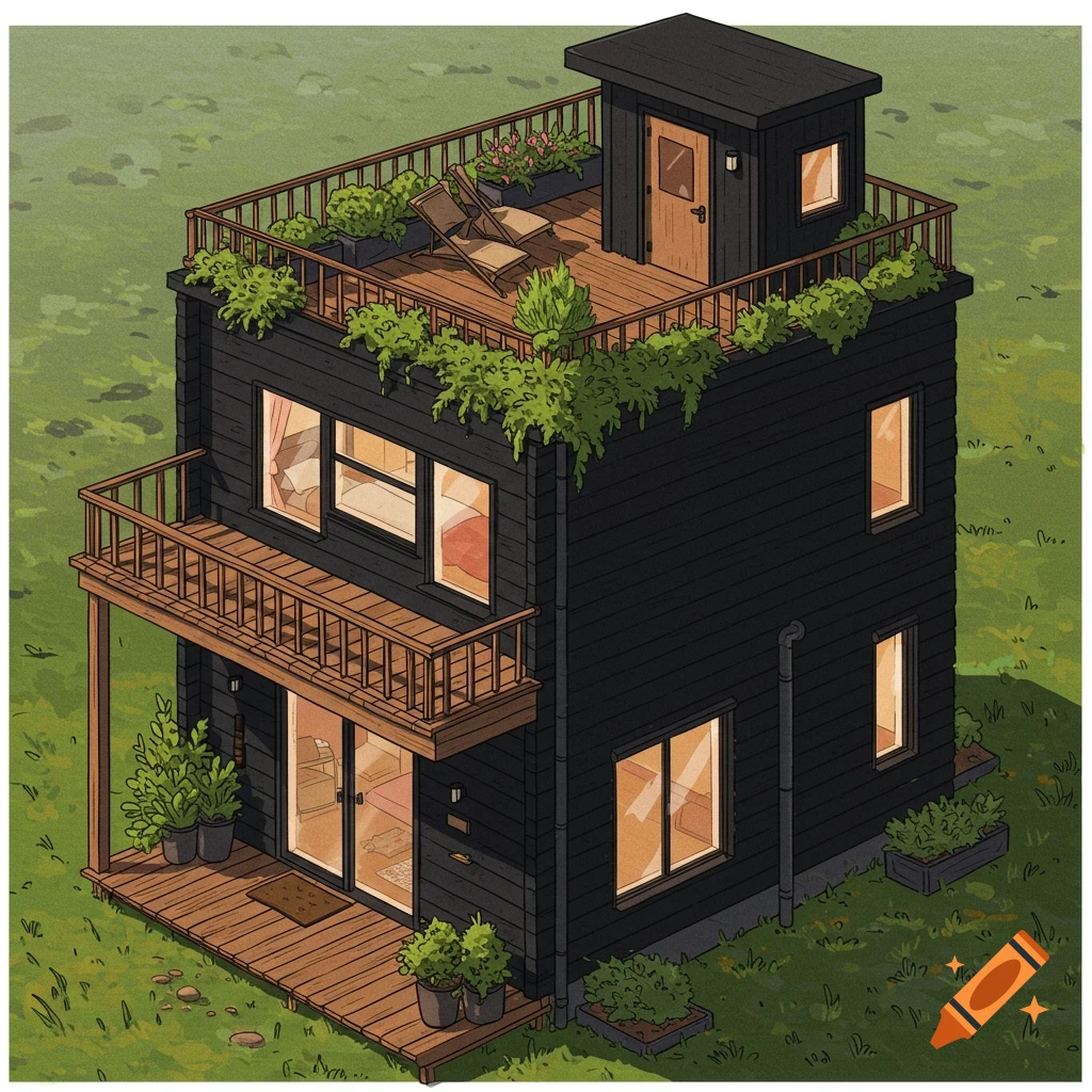 Stylized image of a modern black and wood two-story house with balconies and a roof garden.