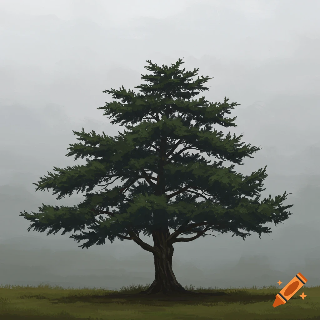 A large pine or yew tree in a misty, overcast landscape.