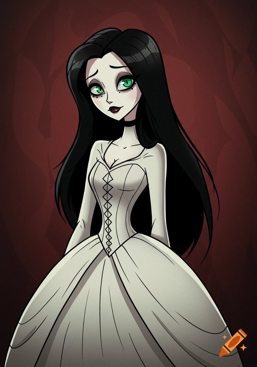 Stylized portrait of a woman with black hair, green eyes, in a white Victorian dress.