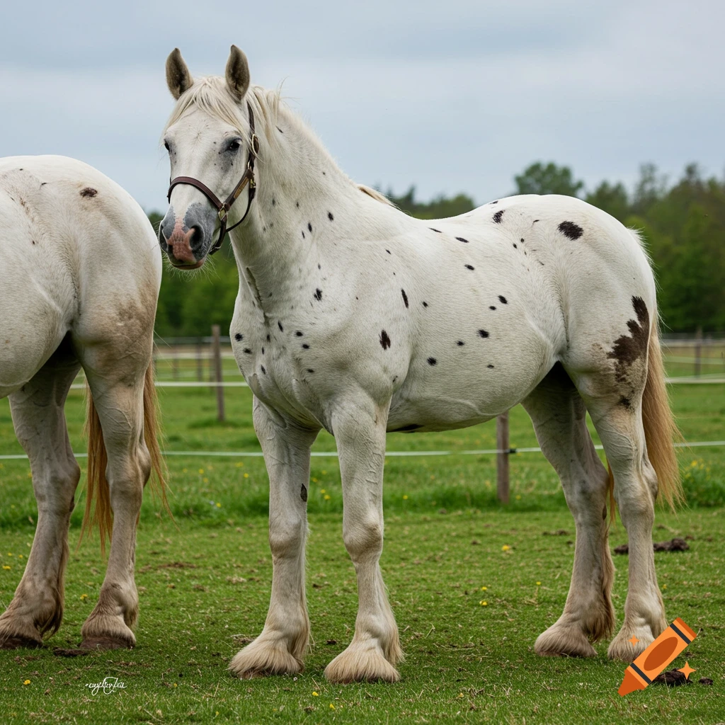 A white horse with black spots stands in a grassy field.