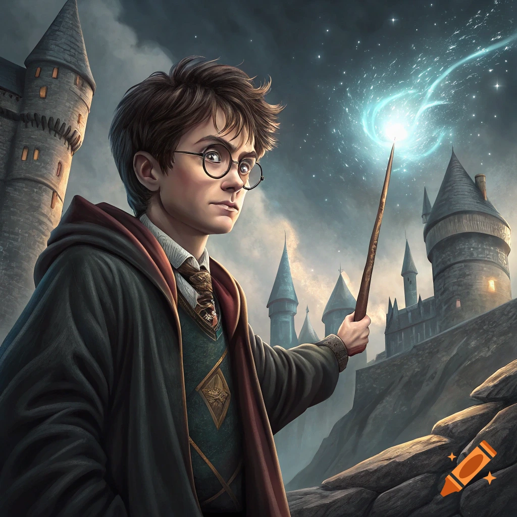 Illustration of Harry Potter holding a glowing magic wand in front of a castle.