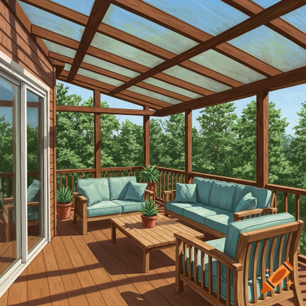 A sunroom with blue cushioned furniture and potted plants, looking out at a forest view.