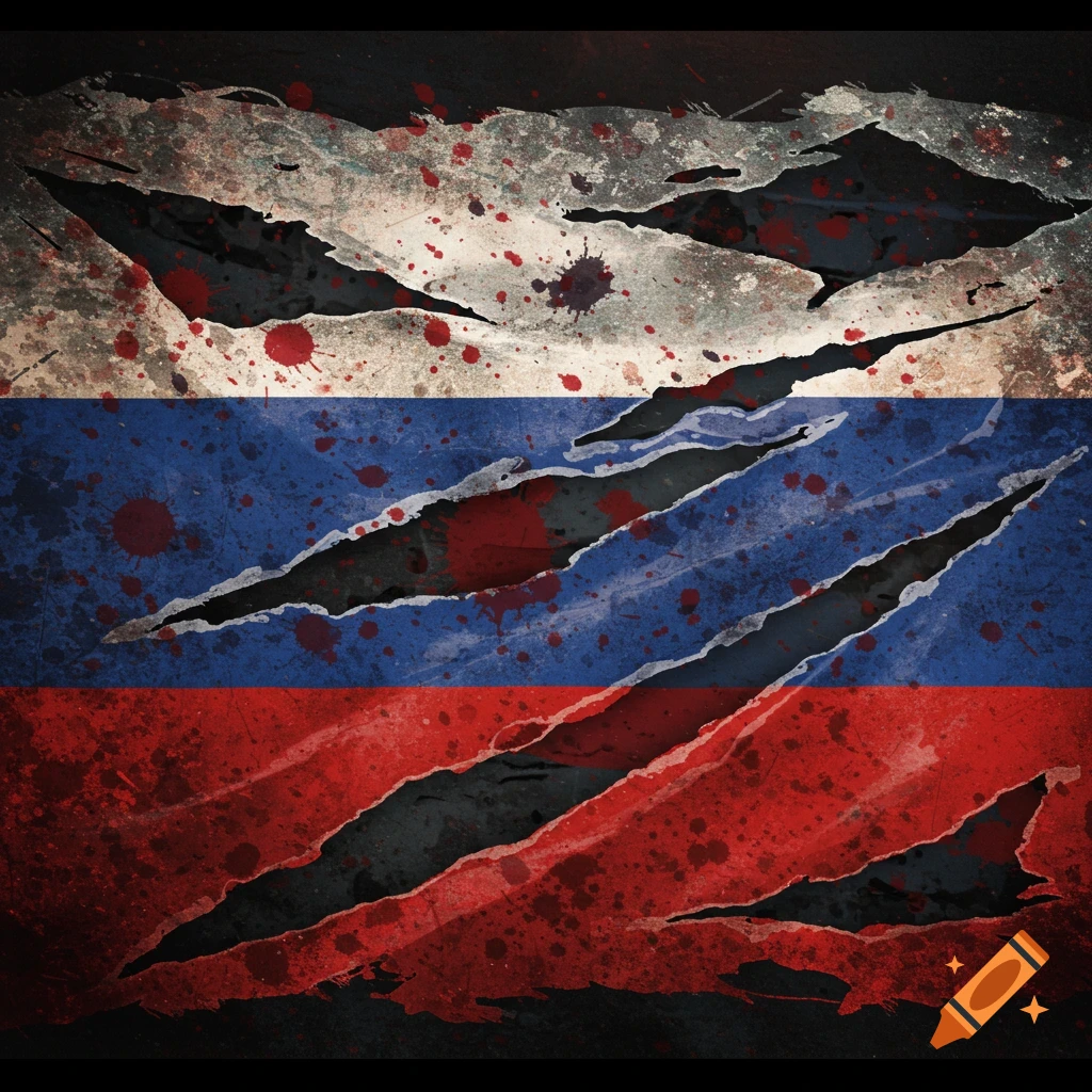A torn Russian flag with blood splatters in a grunge style.