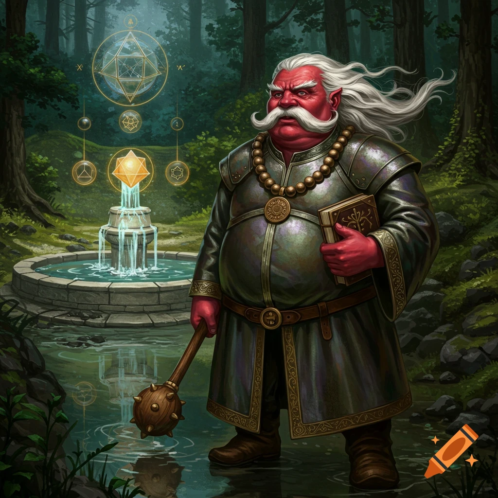 A stout, red-faced fantasy man with white hair and mustache, holding a book and mace, standing by a fountain in a forest.