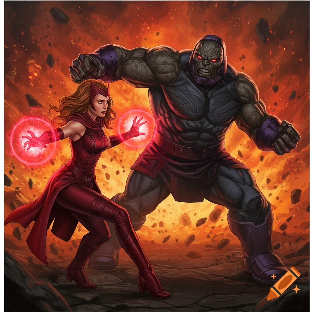 Scarlet Witch and Darkseid battle with energy blasts in a fiery, rocky landscape.