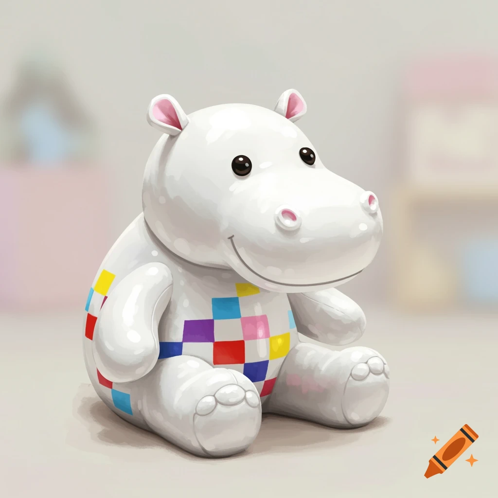 A white toy hippo with a colorful checkerboard pattern on its body, sitting down.