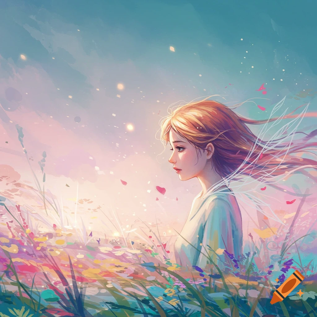 A woman in a field of colorful flowers at sunset.