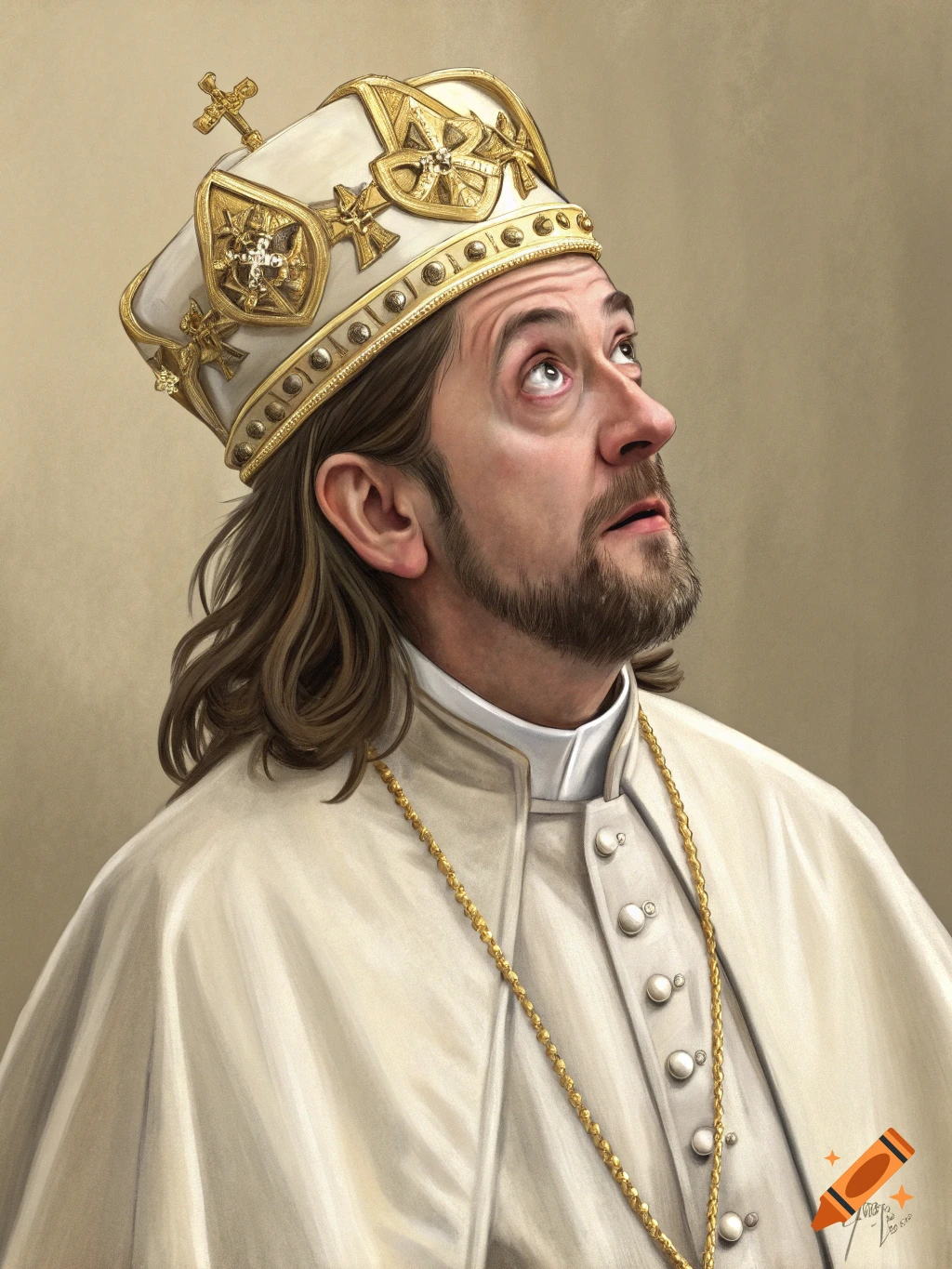 Illustrated portrait of a man with long hair and beard wearing a Pope's tiara and robes looking up.