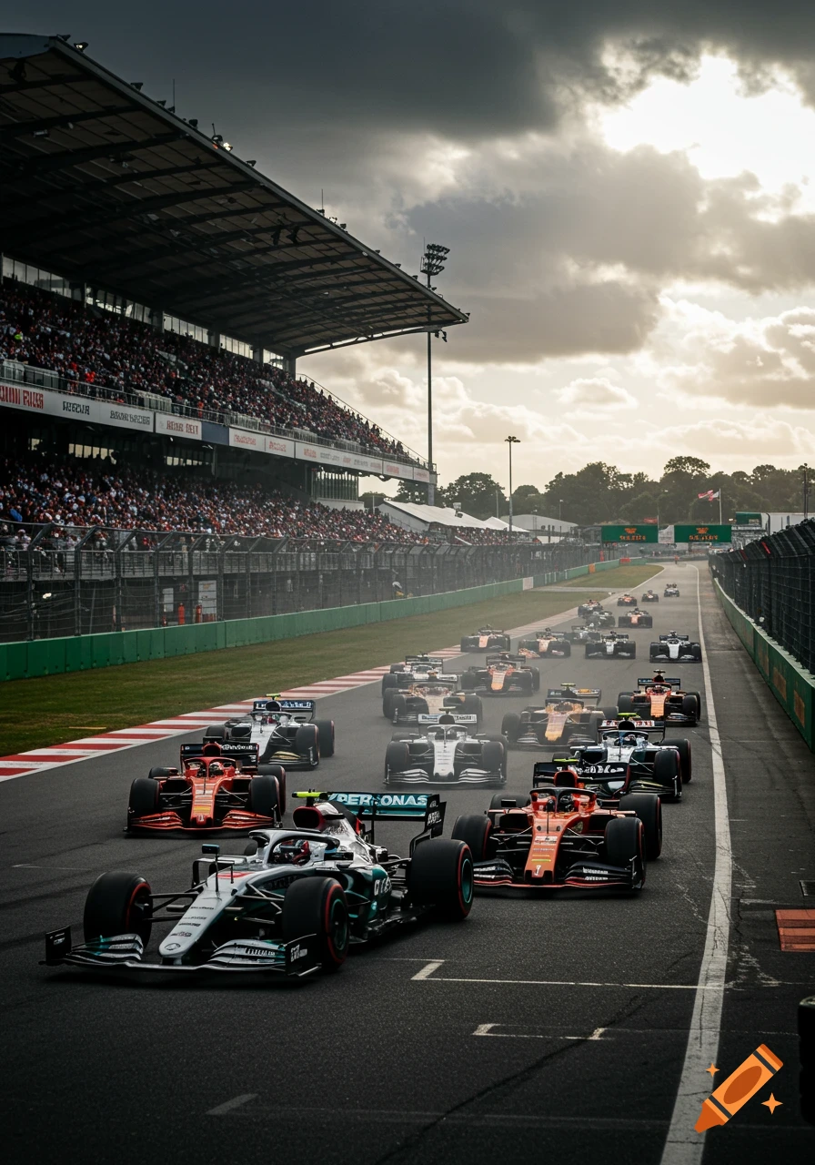 Multiple Formula 1 cars race down a track past a grandstand under cloudy skies.