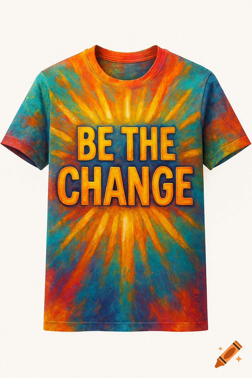 A vibrant tie-dye t-shirt with orange text "BE THE CHANGE" and light rays.