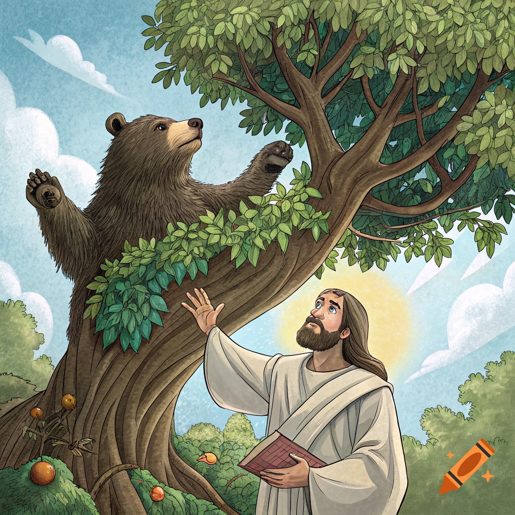 Illustration of Jesus looking up at a bear in a tree, holding a book.