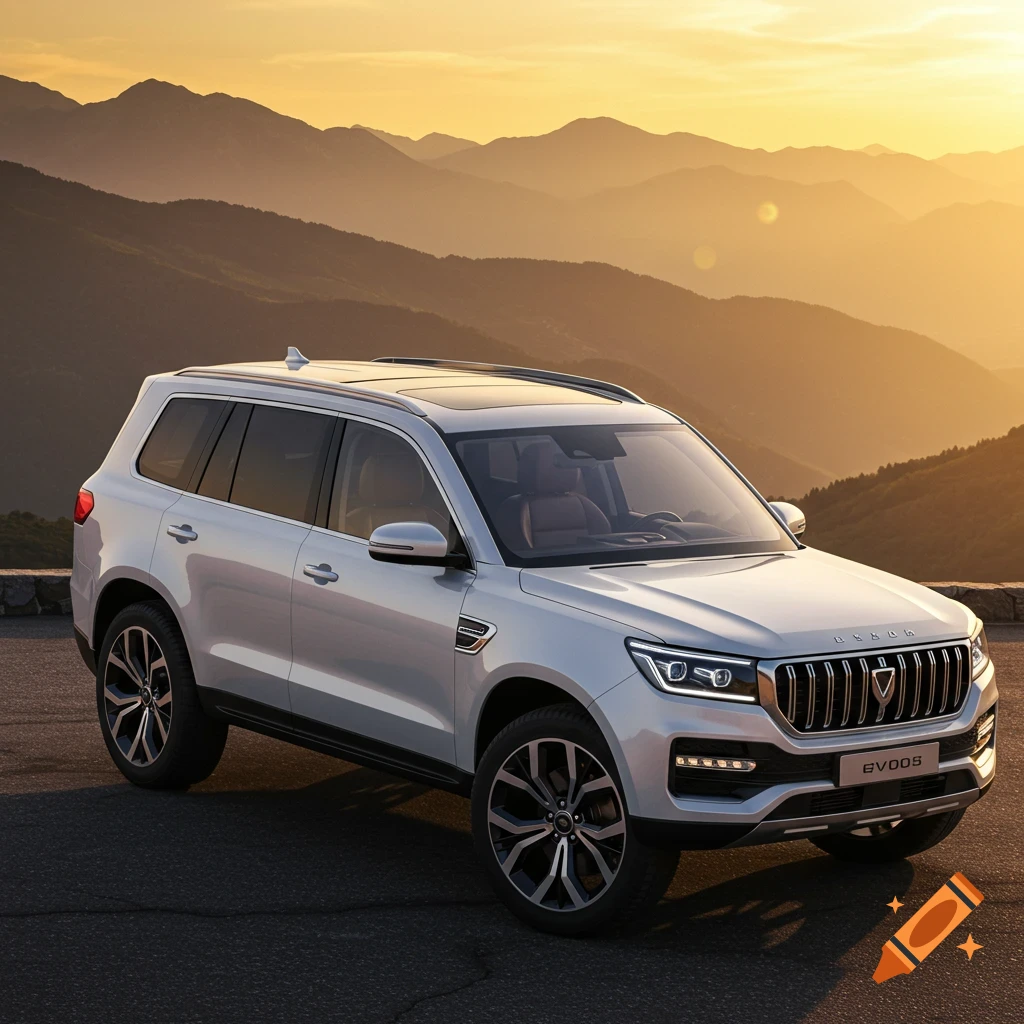 A silver SUV is parked on a mountain road at sunset.